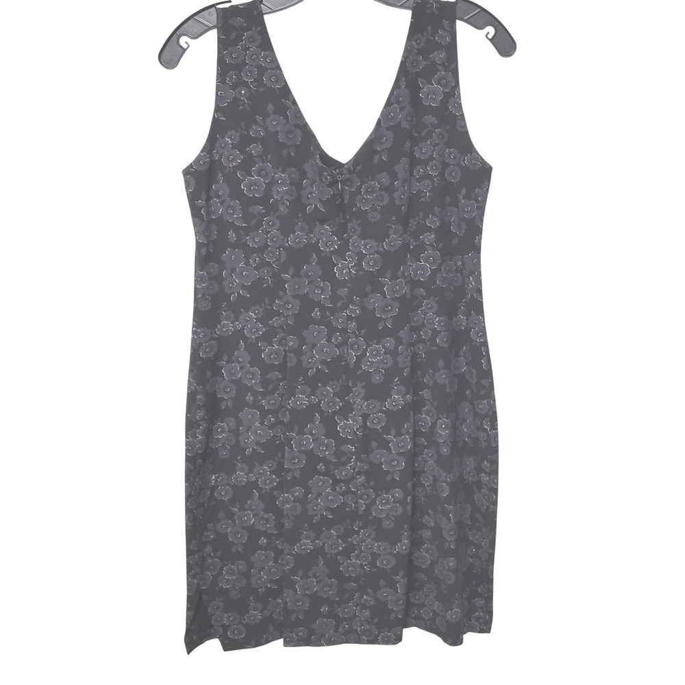 CDC Petites Floral Jacquard Sheath Dress Womens 12P Black Metallic V-Neck Slit